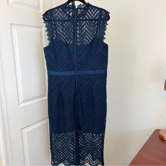 NWT BARDOT Solid Navy Blue Lace Mock Neck Lined Sheath Dress - Picture 4 of 6